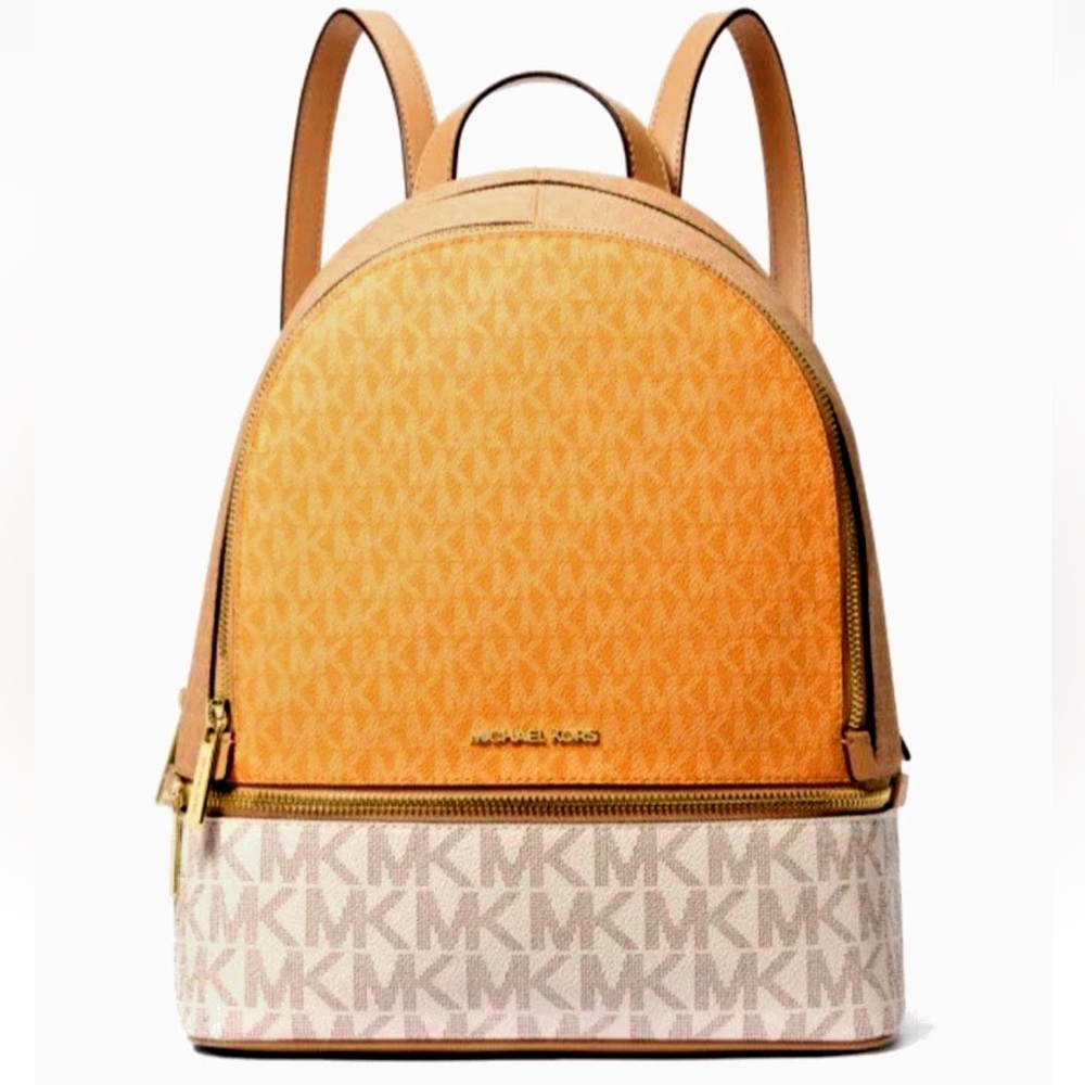 New Michael Kors Rhea Medium Colorblock Signature Logo Backpack Pop Orange Multi